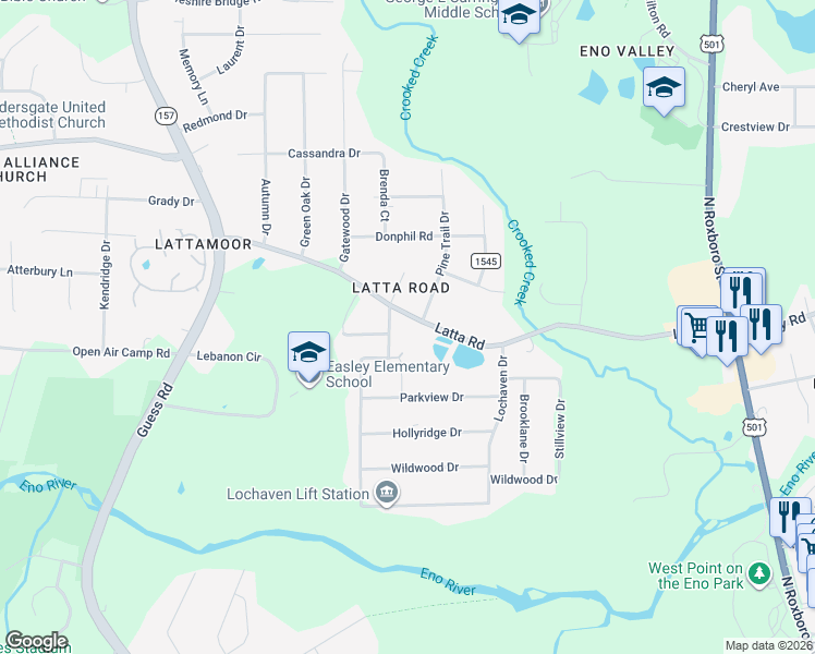 map of restaurants, bars, coffee shops, grocery stores, and more near 5001 Pine Trail Drive in Durham