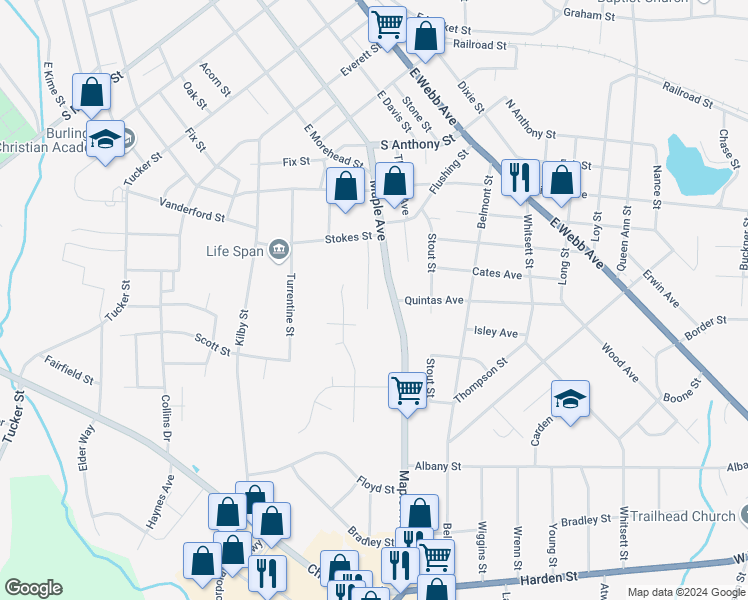 map of restaurants, bars, coffee shops, grocery stores, and more near 1449 Peace Lane in Burlington