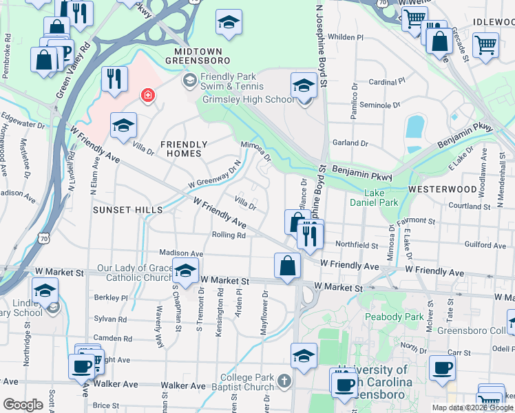 map of restaurants, bars, coffee shops, grocery stores, and more near 1830 Villa Drive in Greensboro