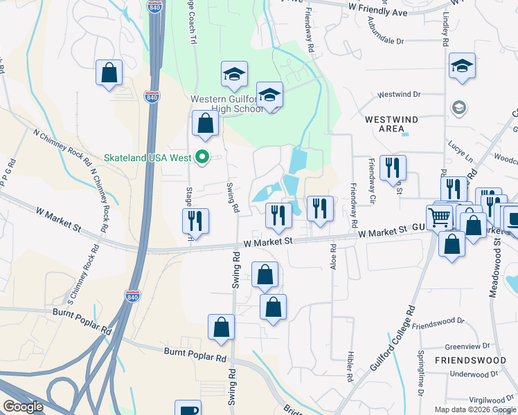 map of restaurants, bars, coffee shops, grocery stores, and more near 201 South Regional Road in Greensboro