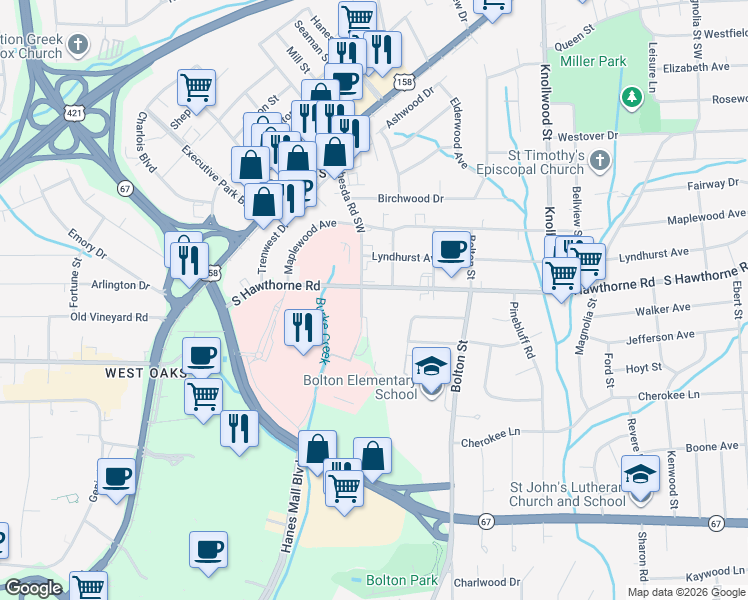 map of restaurants, bars, coffee shops, grocery stores, and more near 1835 South Hawthorne Road in Winston-Salem