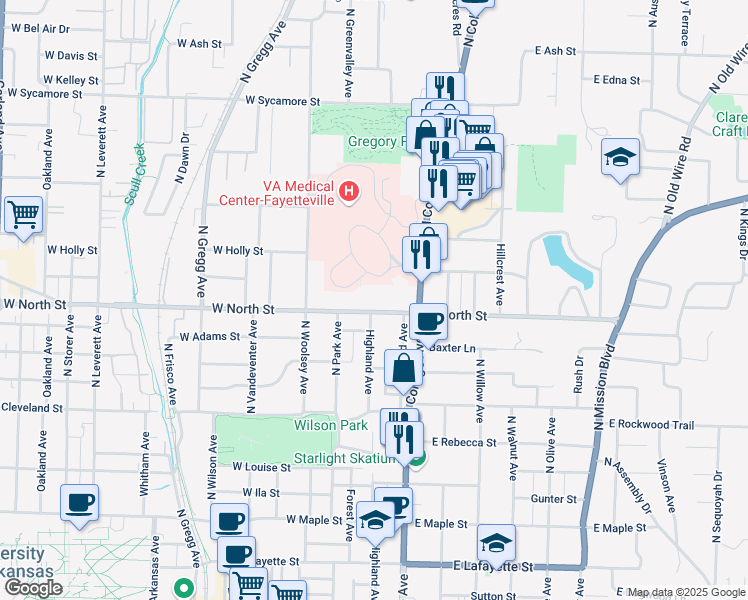 map of restaurants, bars, coffee shops, grocery stores, and more near 1125 North College Avenue in Fayetteville
