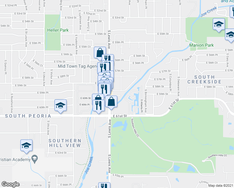map of restaurants, bars, coffee shops, grocery stores, and more near 2429 East 59th Court in Tulsa