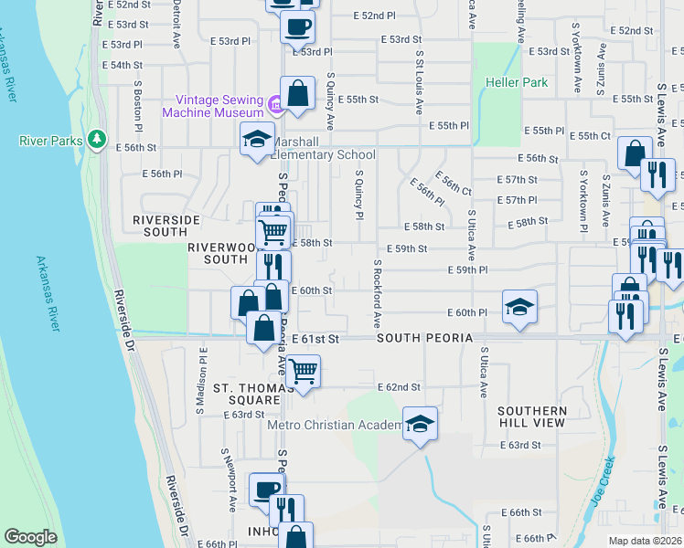 map of restaurants, bars, coffee shops, grocery stores, and more near 5903 South Quincy Avenue in Tulsa