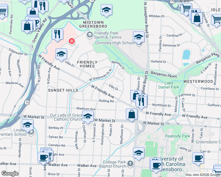 map of restaurants, bars, coffee shops, grocery stores, and more near 1830 Villa Drive in Greensboro
