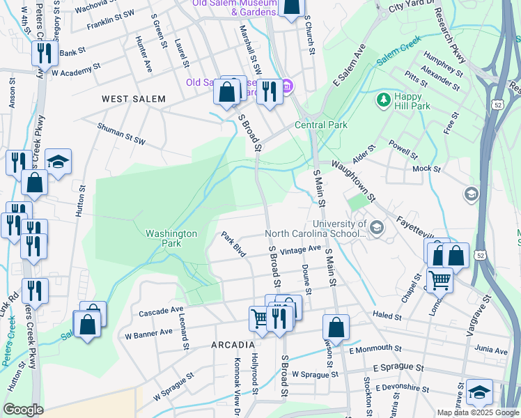 map of restaurants, bars, coffee shops, grocery stores, and more near 201 Bond Street in Winston-Salem