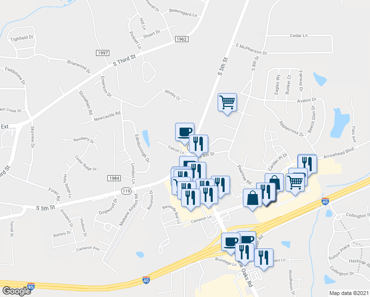 map of restaurants, bars, coffee shops, grocery stores, and more near 832 S 5th St in Mebane