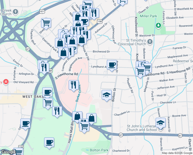 map of restaurants, bars, coffee shops, grocery stores, and more near 1803 South Hawthorne Road in Winston-Salem