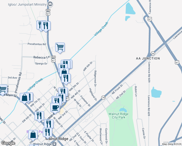 map of restaurants, bars, coffee shops, grocery stores, and more near 918 Northwest 5th Street in Walnut Ridge