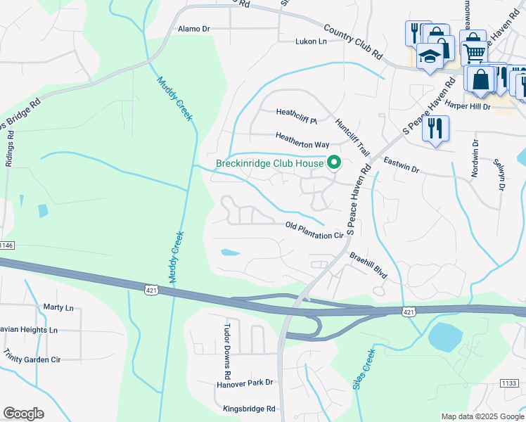 map of restaurants, bars, coffee shops, grocery stores, and more near 5368 Old Plantation Circle in Winston-Salem