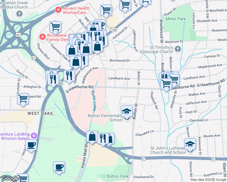 map of restaurants, bars, coffee shops, grocery stores, and more near 1769 South Hawthorne Road in Winston-Salem