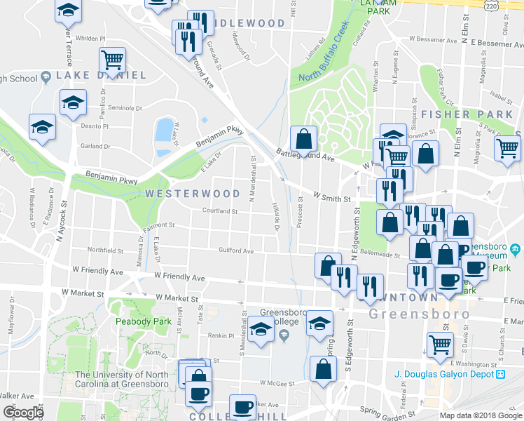 map of restaurants, bars, coffee shops, grocery stores, and more near 610 Courtland Street in Greensboro