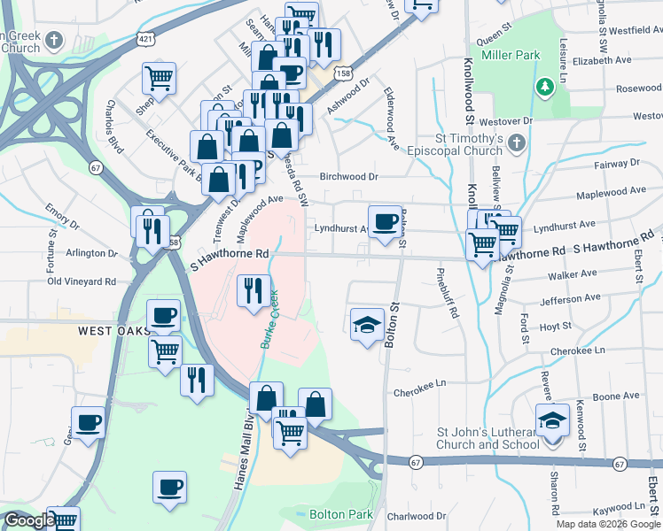 map of restaurants, bars, coffee shops, grocery stores, and more near 1803 South Hawthorne Road in Winston-Salem
