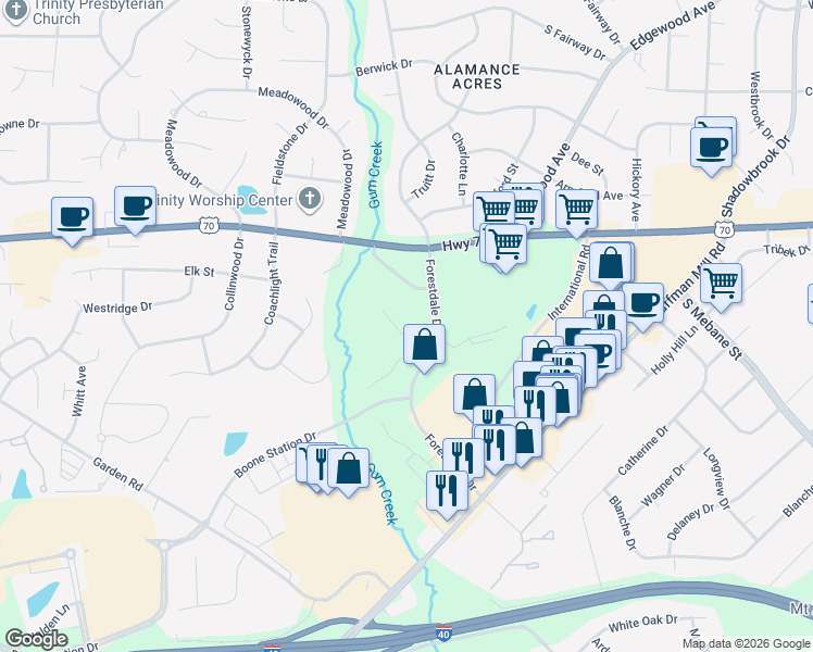 map of restaurants, bars, coffee shops, grocery stores, and more near 3475 Forestdale Drive in Burlington