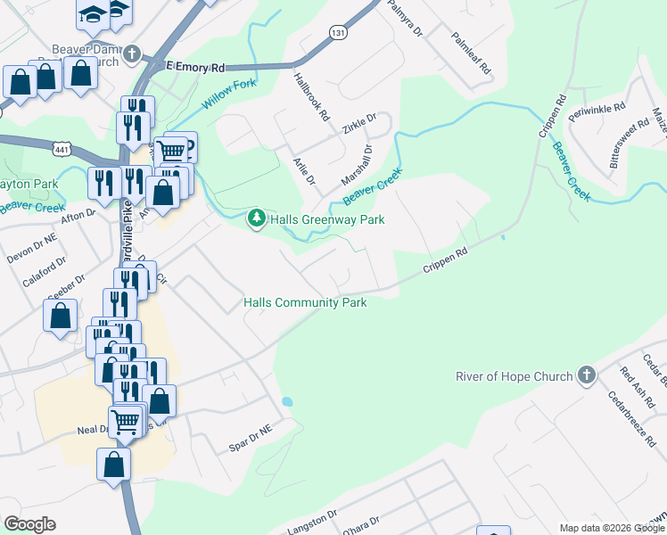 map of restaurants, bars, coffee shops, grocery stores, and more near 4638 Oak Meadow Way in Knoxville