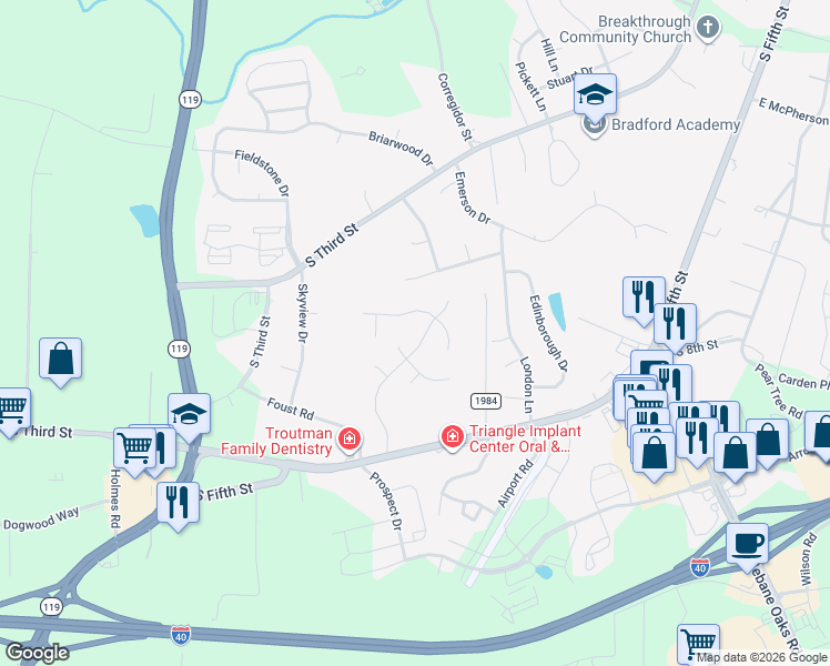 map of restaurants, bars, coffee shops, grocery stores, and more near 1123 Newberry Drive in Mebane