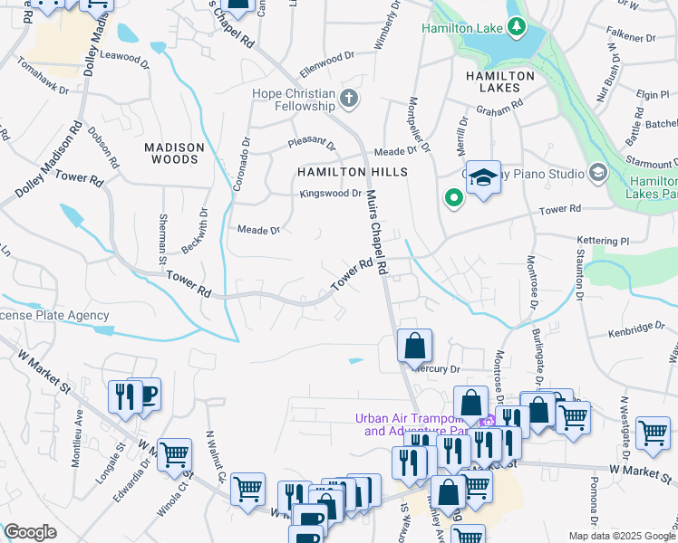 map of restaurants, bars, coffee shops, grocery stores, and more near 4816 Tower Road in Greensboro