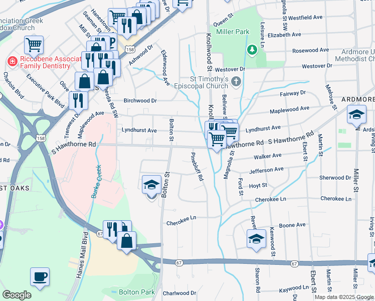 map of restaurants, bars, coffee shops, grocery stores, and more near 1535 South Hawthorne Road in Winston-Salem