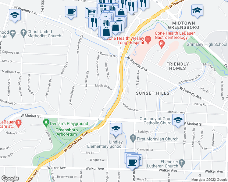 map of restaurants, bars, coffee shops, grocery stores, and more near 201 Green Valley Road in Greensboro
