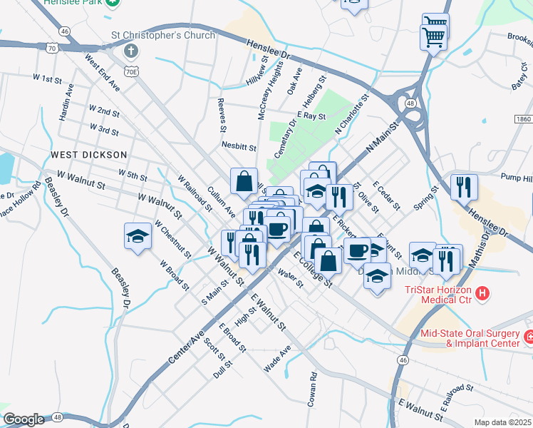 map of restaurants, bars, coffee shops, grocery stores, and more near 201 West College Street in Dickson