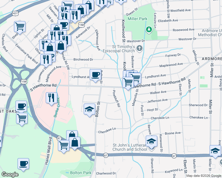 map of restaurants, bars, coffee shops, grocery stores, and more near 1535 South Hawthorne Road in Winston-Salem
