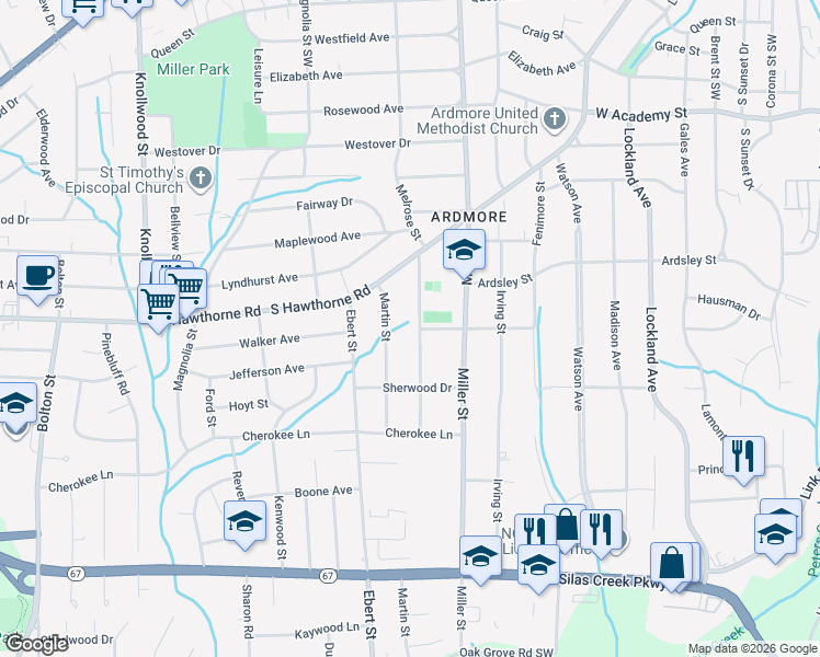 map of restaurants, bars, coffee shops, grocery stores, and more near 1054 Melrose Street in Winston-Salem