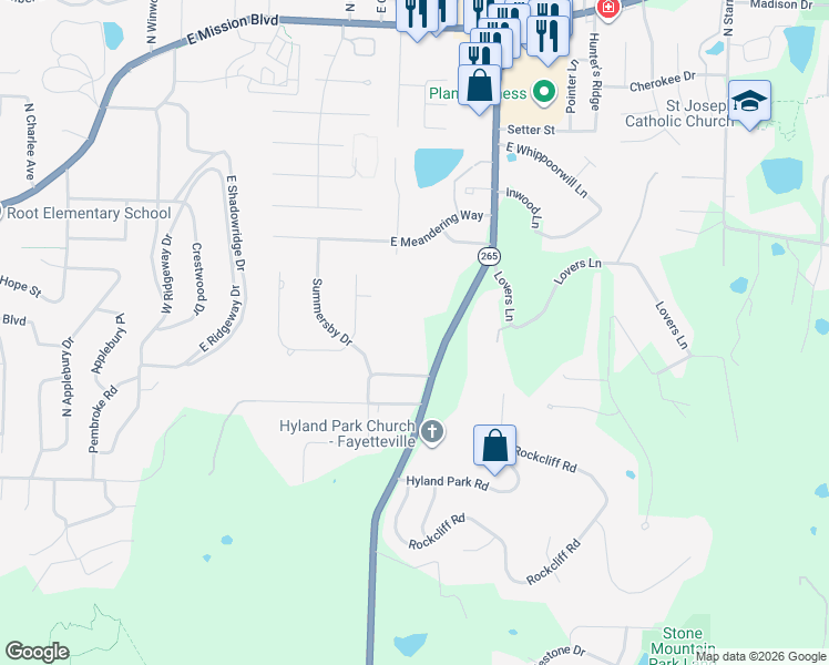 map of restaurants, bars, coffee shops, grocery stores, and more near 1205 North Crossover Road in Fayetteville