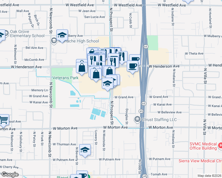 map of restaurants, bars, coffee shops, grocery stores, and more near 645 North Prospect Street in Porterville