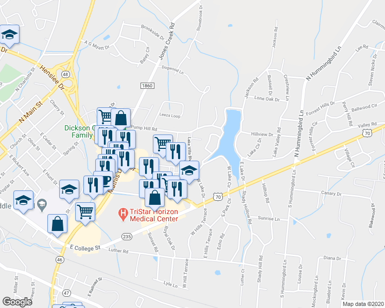 map of restaurants, bars, coffee shops, grocery stores, and more near 132 Lake Villa Boulevard in Dickson