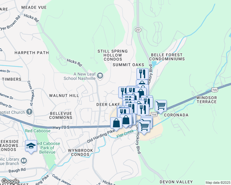 map of restaurants, bars, coffee shops, grocery stores, and more near 398 Deer Lake Drive in Nashville