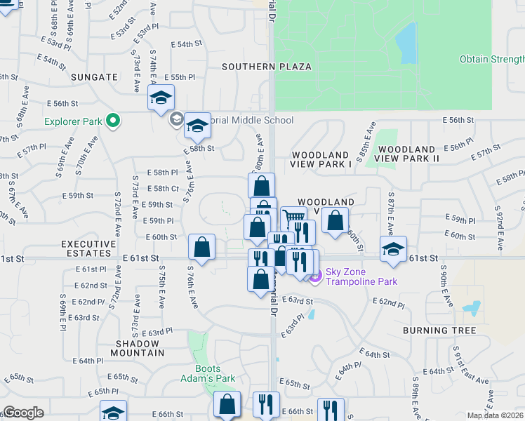 map of restaurants, bars, coffee shops, grocery stores, and more near 2 South 80th East Avenue in Tulsa