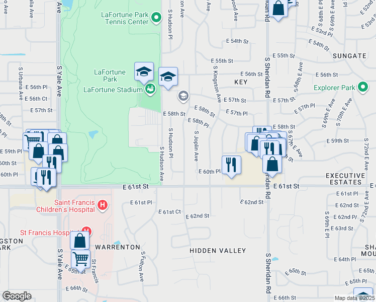 map of restaurants, bars, coffee shops, grocery stores, and more near 5861 South Irvington Avenue in Tulsa
