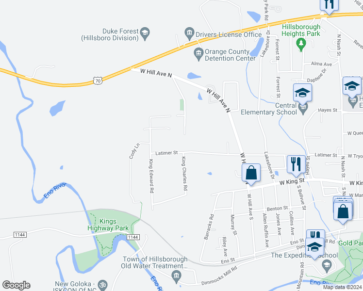 map of restaurants, bars, coffee shops, grocery stores, and more near 800 Latimer Street in Hillsborough
