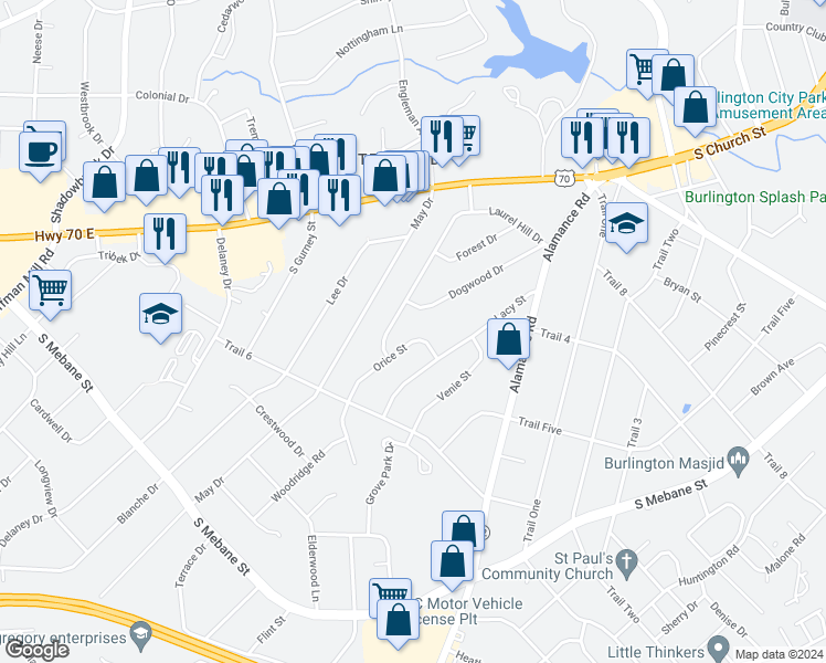 map of restaurants, bars, coffee shops, grocery stores, and more near 2419 Orice Street in Burlington