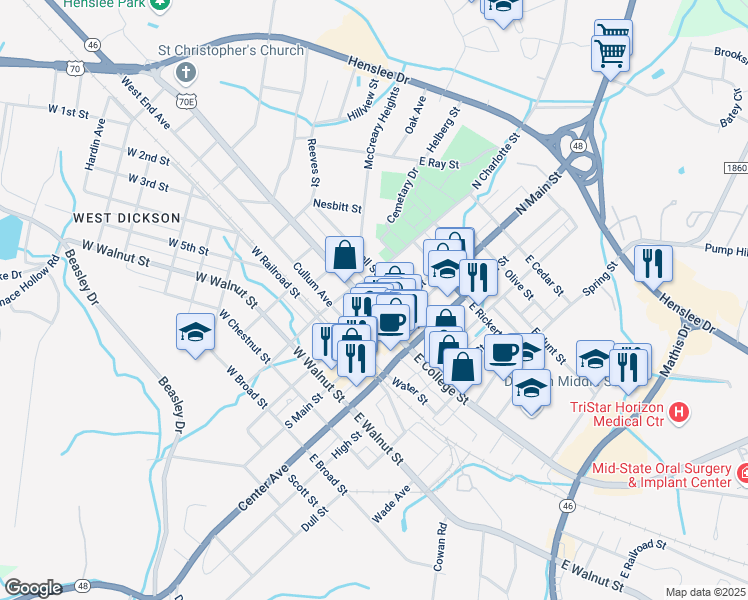 map of restaurants, bars, coffee shops, grocery stores, and more near 201 West College Street in Dickson