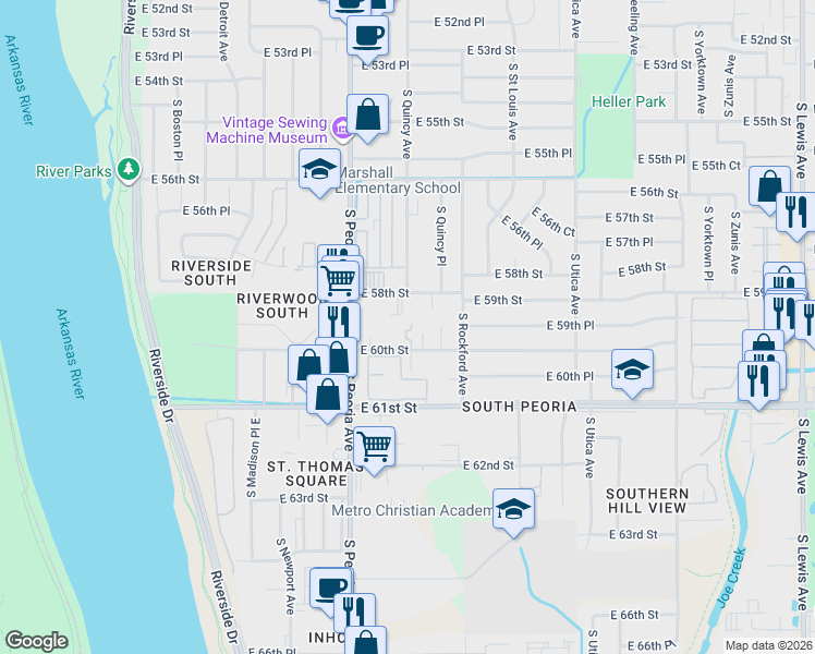 map of restaurants, bars, coffee shops, grocery stores, and more near 5903 South Quincy Avenue in Tulsa