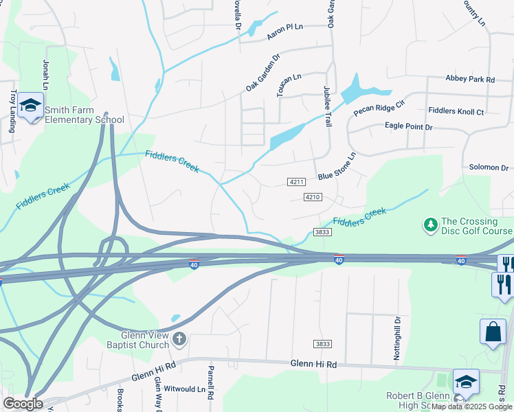 map of restaurants, bars, coffee shops, grocery stores, and more near 2315 Fosterdale West Lane in Kernersville