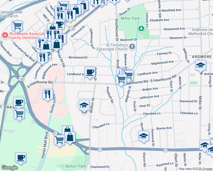map of restaurants, bars, coffee shops, grocery stores, and more near 1531 South Hawthorne Road in Winston-Salem