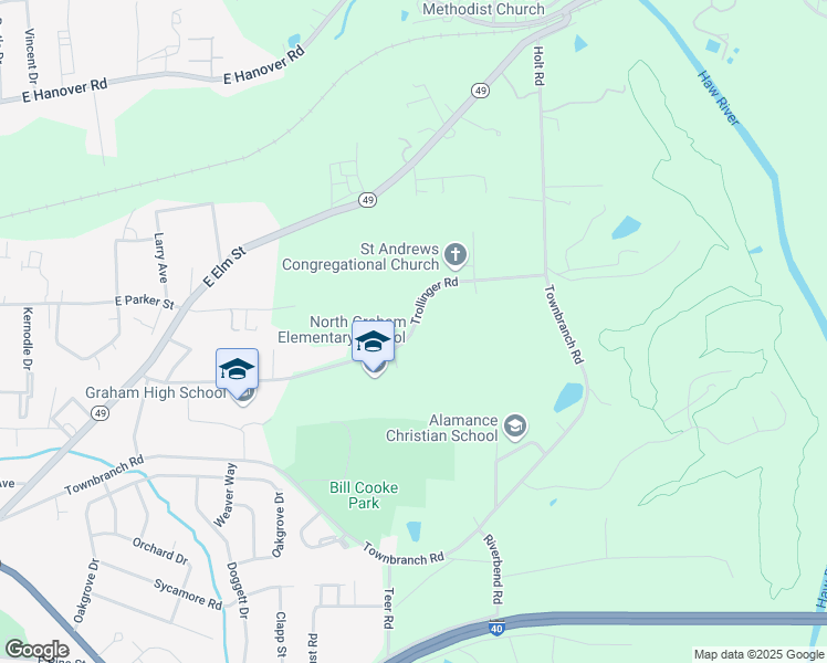 map of restaurants, bars, coffee shops, grocery stores, and more near 1025 Trollinger Road in Graham