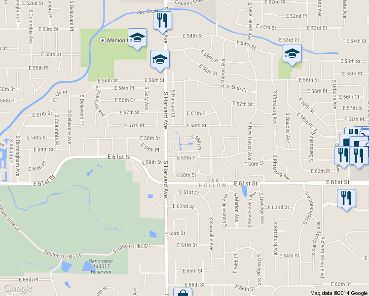 map of restaurants, bars, coffee shops, grocery stores, and more near 3407 E 59th St in Tulsa