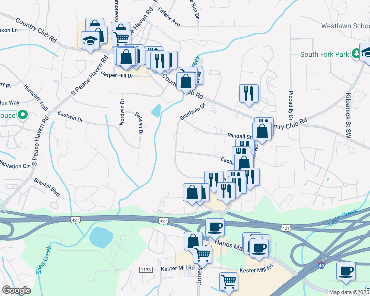 map of restaurants, bars, coffee shops, grocery stores, and more near 4769 Eastwin Drive in Winston-Salem