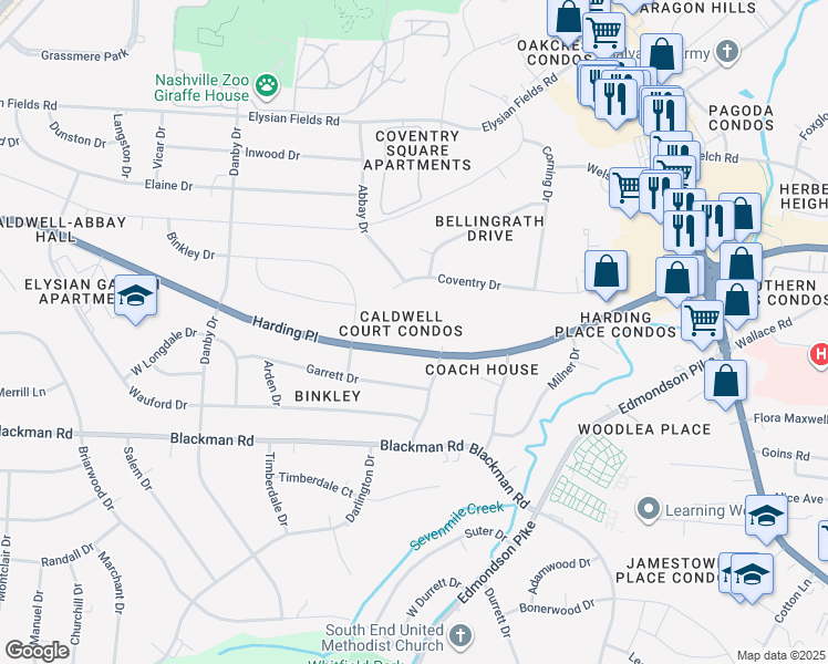 map of restaurants, bars, coffee shops, grocery stores, and more near 550 Harding Place in Nashville