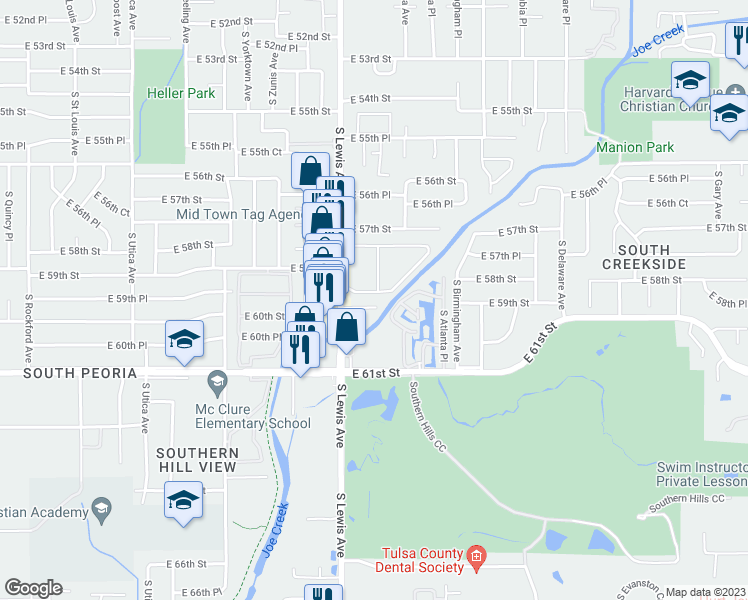 map of restaurants, bars, coffee shops, grocery stores, and more near 2429 East 59th Court in Tulsa