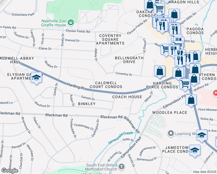 map of restaurants, bars, coffee shops, grocery stores, and more near 550 Harding Place in Nashville