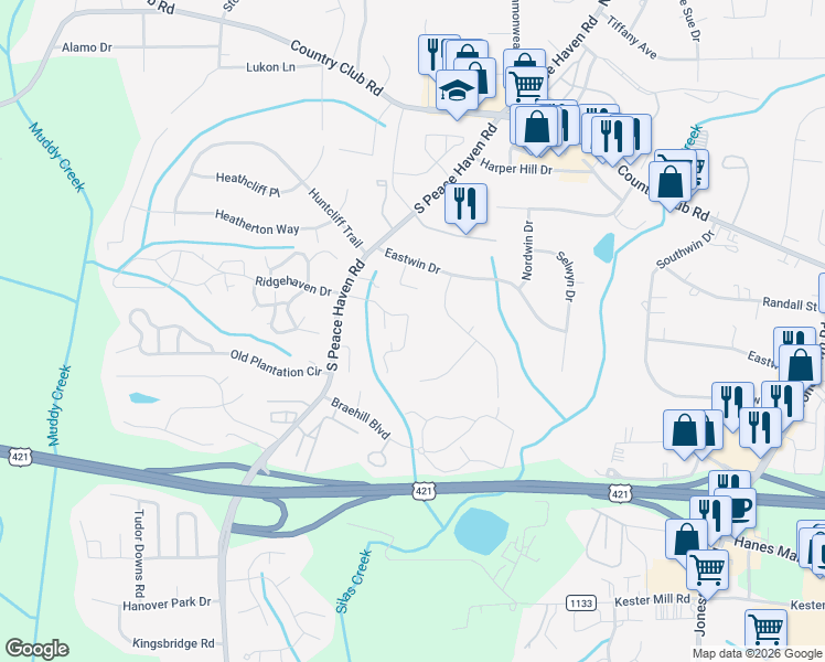 map of restaurants, bars, coffee shops, grocery stores, and more near 121 Wellesborough Road in Winston-Salem