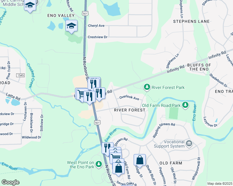 map of restaurants, bars, coffee shops, grocery stores, and more near 208 Infinity Road in Durham