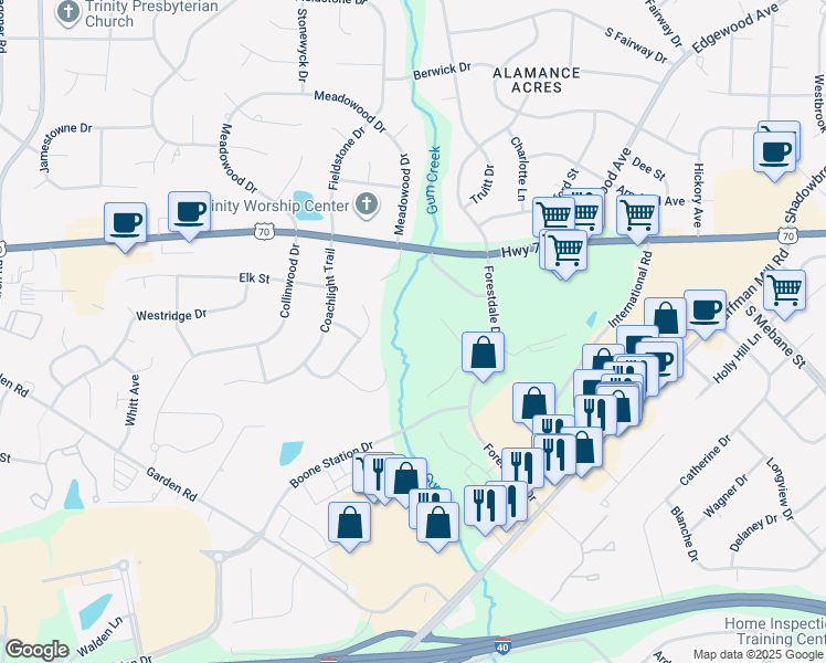 map of restaurants, bars, coffee shops, grocery stores, and more near 3487 Forestdale Drive in Burlington