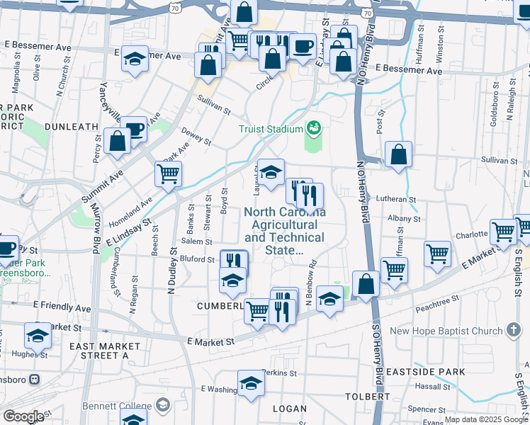 map of restaurants, bars, coffee shops, grocery stores, and more near in Greensboro