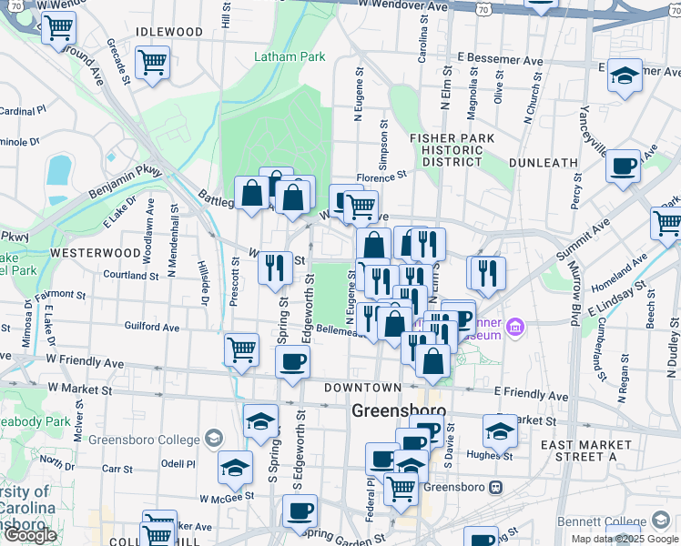 map of restaurants, bars, coffee shops, grocery stores, and more near 451 North Eugene Street in Greensboro