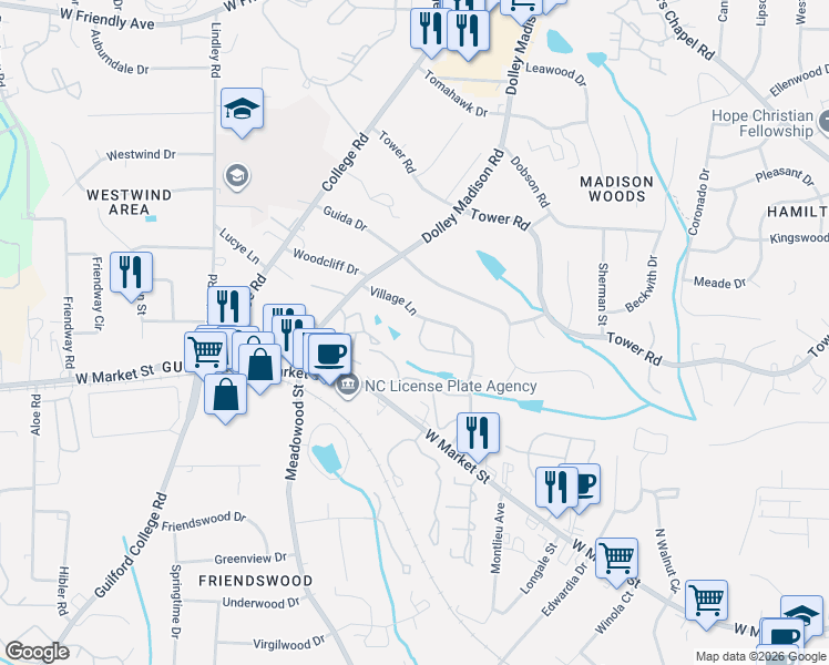 map of restaurants, bars, coffee shops, grocery stores, and more near 303 Village Lane in Greensboro